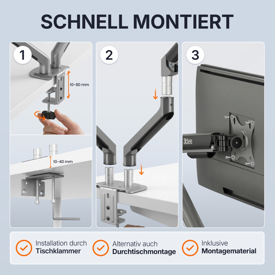 3IDEE Flexi-Lite Dual Monitorarm - 2 Monitore - [17-32" / bis 9kg pro Arm] - stufenlos Höhenverstellbar
